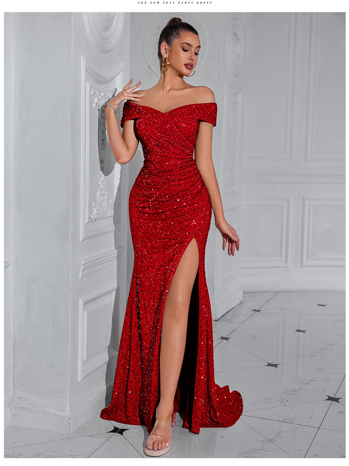 Sequined Off The Shoulder High Slit Maxi Dress-Red
