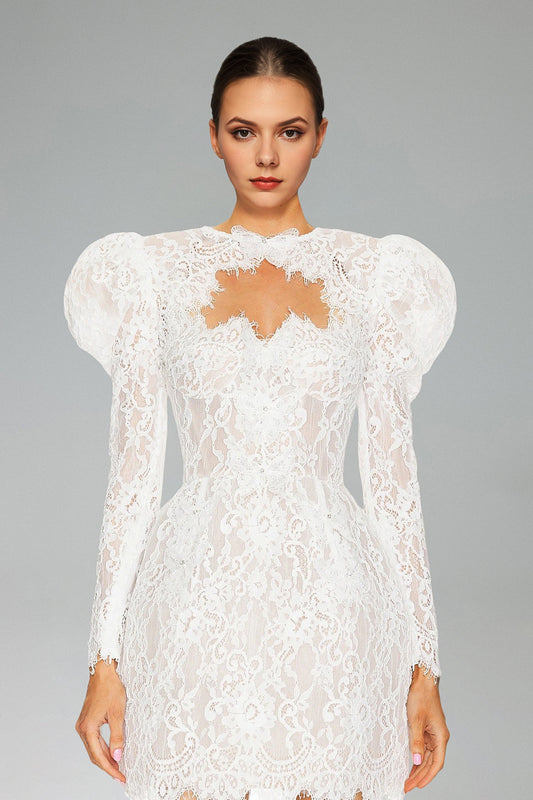 Hooded Puff Sleeve Lace Mini Dress
