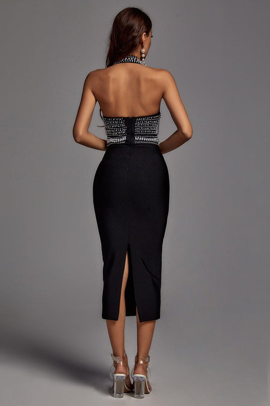 Cornelia Pearl Halter Bandagejurk - Zwart