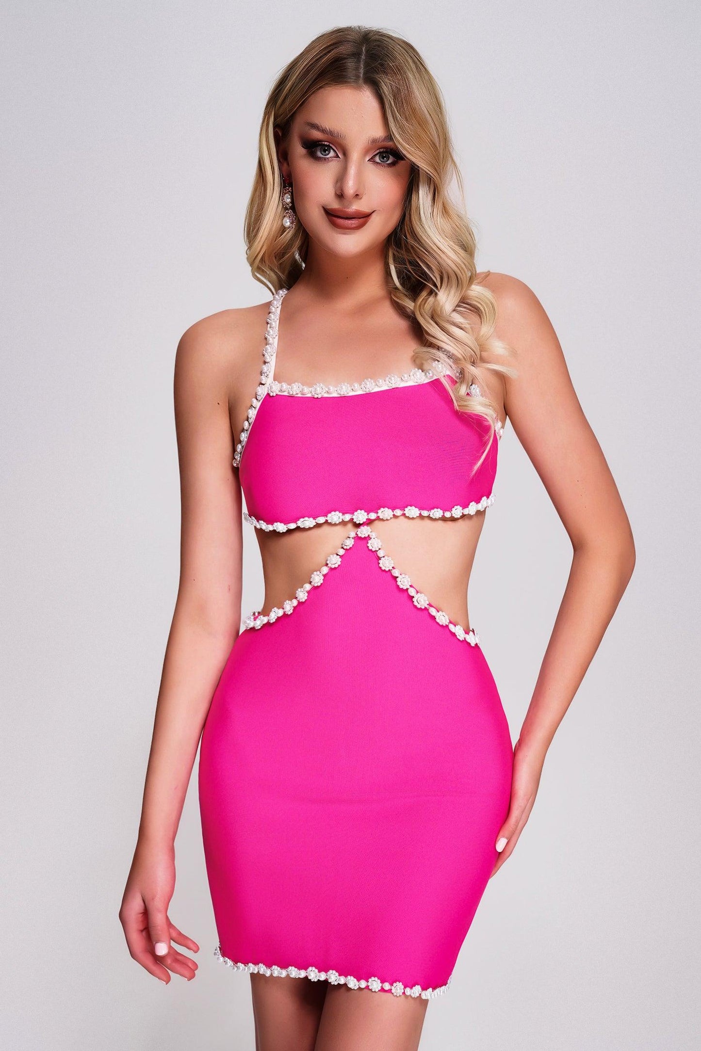 Mini abito a fascia con taglio di perle Una Halter