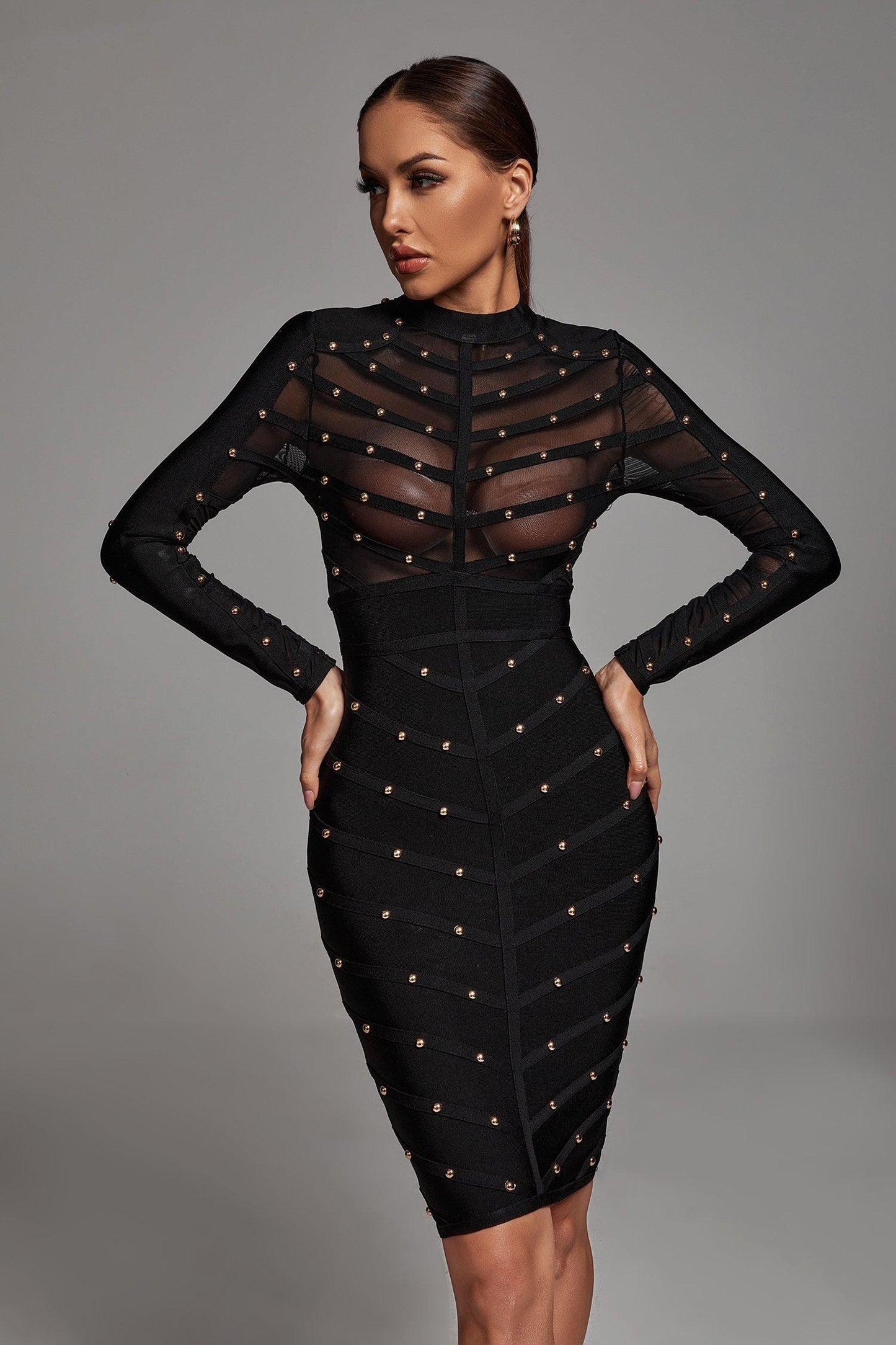 Winry Long Sleeve Mesh Bandage Dress - Black