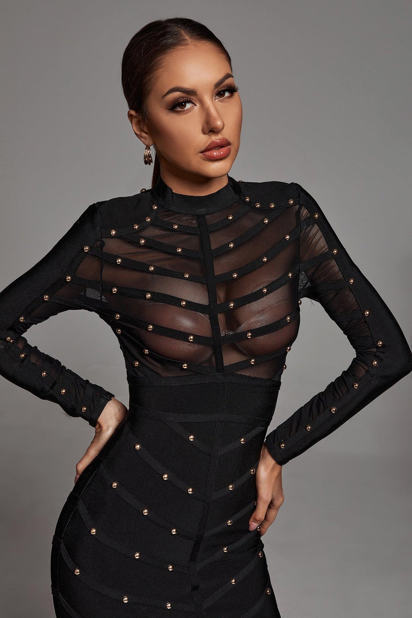 Winry Long Sleeve Mesh Bandage Dress - Black