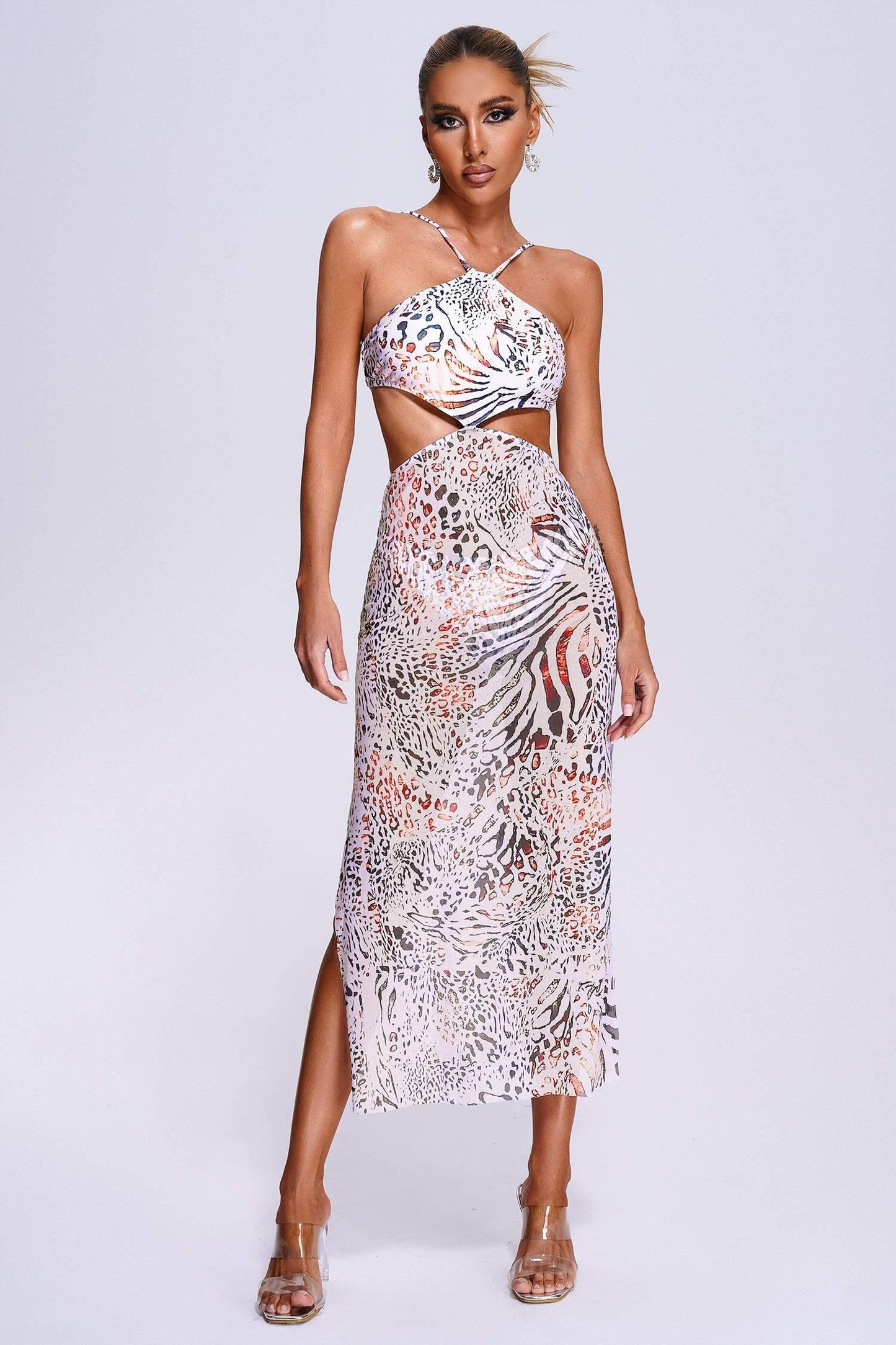 Taffy halster midi-jurk van mesh met luipaardmotief