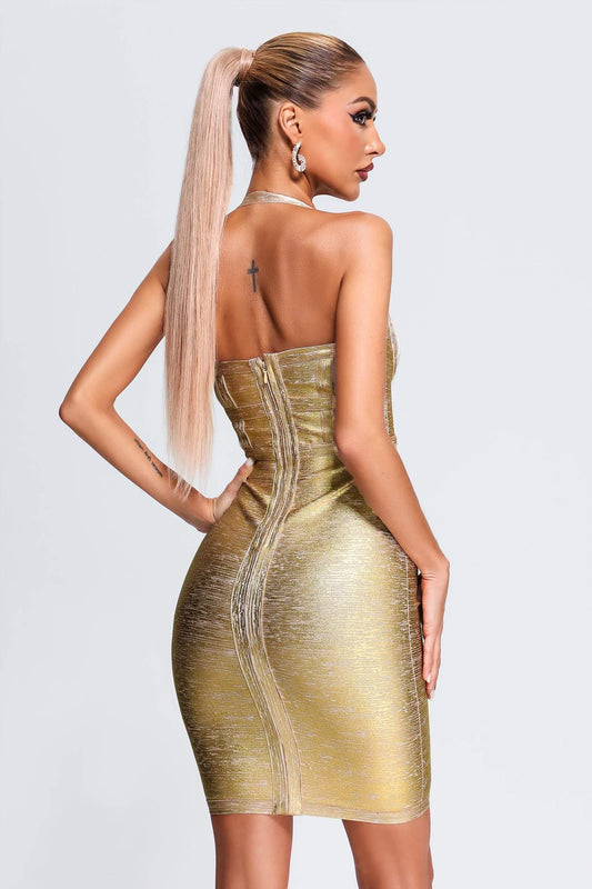 Abito da cocktail Halter nero metallizzato - Oro