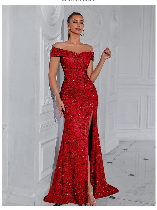 Sequined Off The Shoulder High Slit Maxi Dress-Red