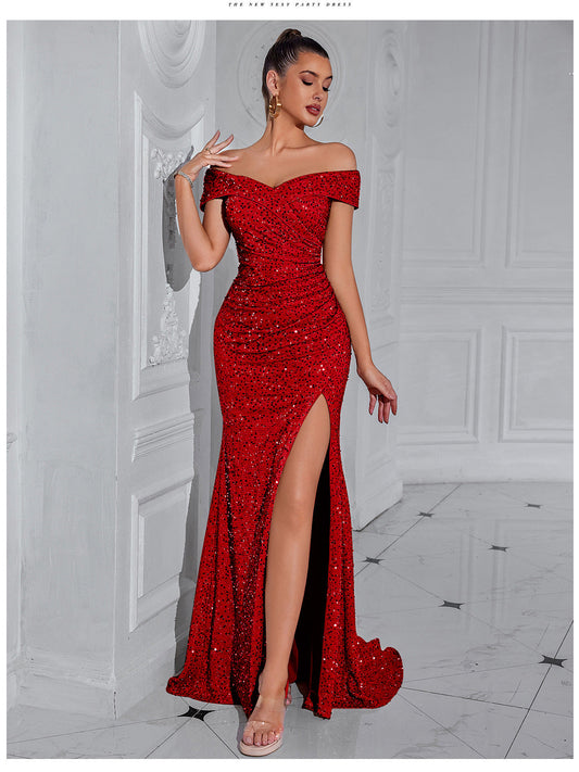 Sequined Off The Shoulder High Slit Maxi Dress-Red