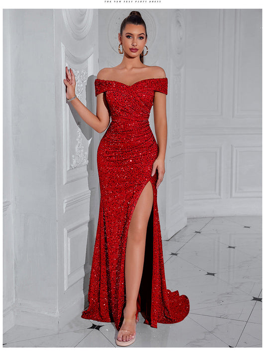 Sequined Off The Shoulder High Slit Maxi Dress-Red