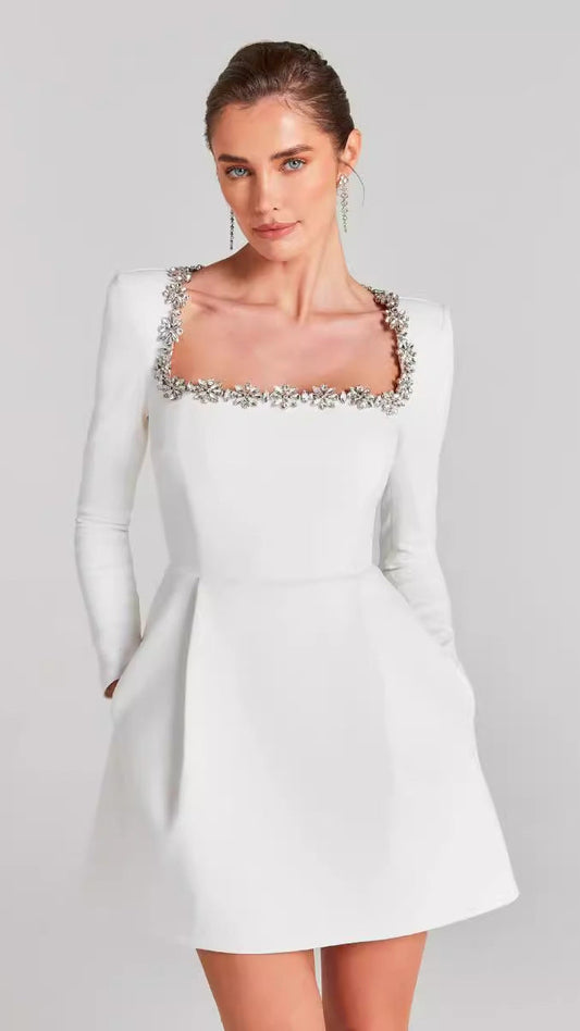 Square collar and diamond-encrusted long sleeves