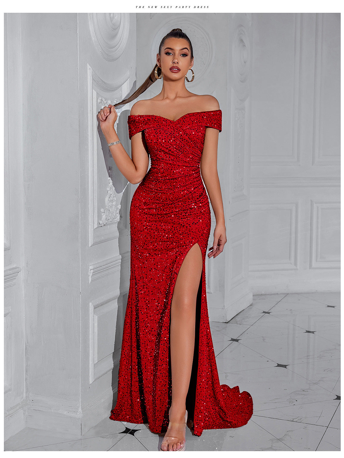 Sequined Off The Shoulder High Slit Maxi Dress-Red