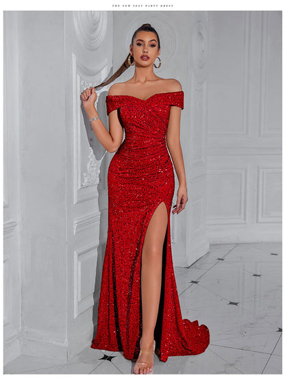 Sequined Off The Shoulder High Slit Maxi Dress-Red