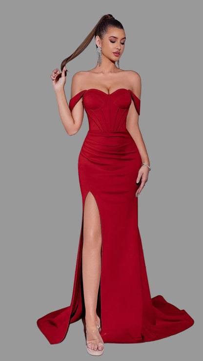 Off The Shoulder Slit Super Maxi Dress-Red