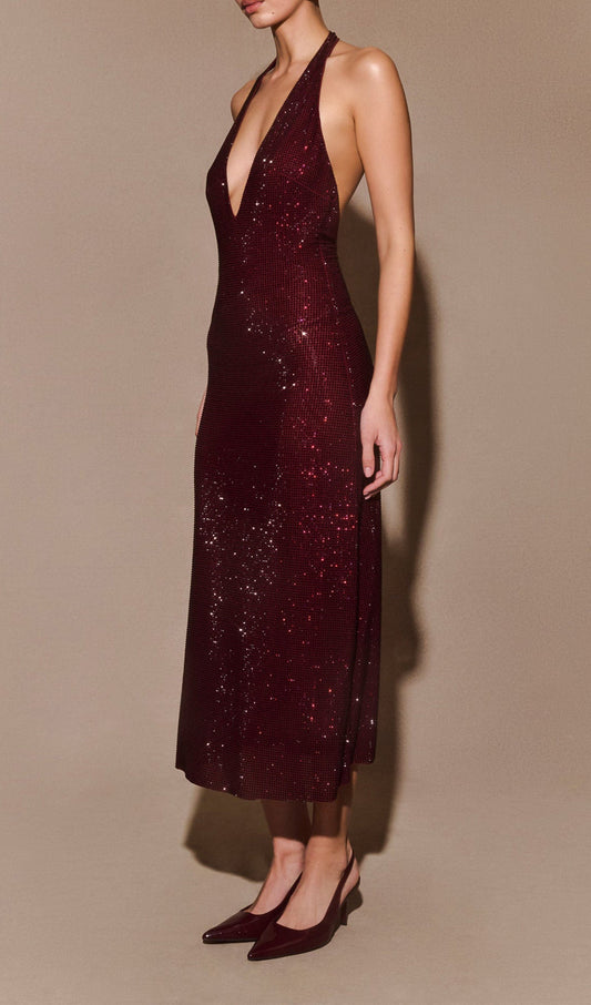 Diamante Halter Midi Dress - Mahogany
