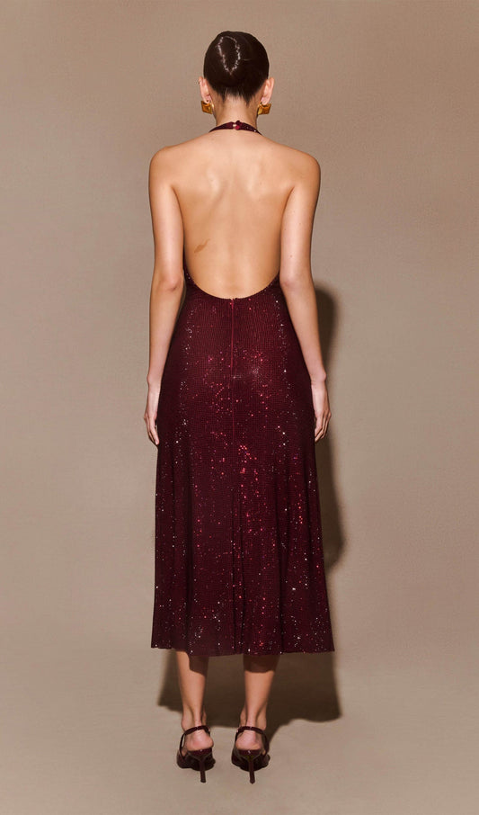 Diamante Halter Midi Dress - Mahogany