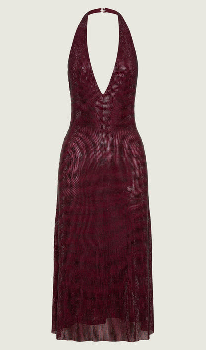Diamante Halter Midi Dress - Mahogany