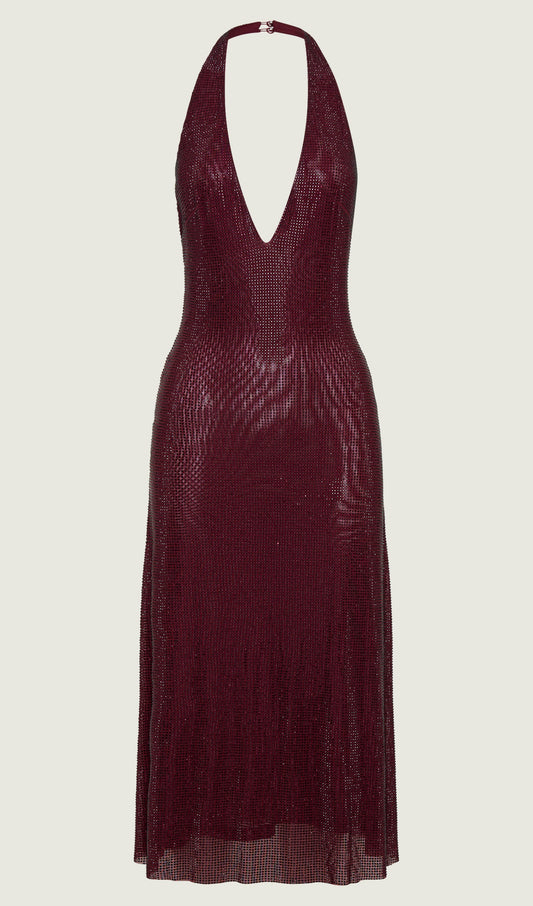 Diamante Halter Midi Dress - Mahogany