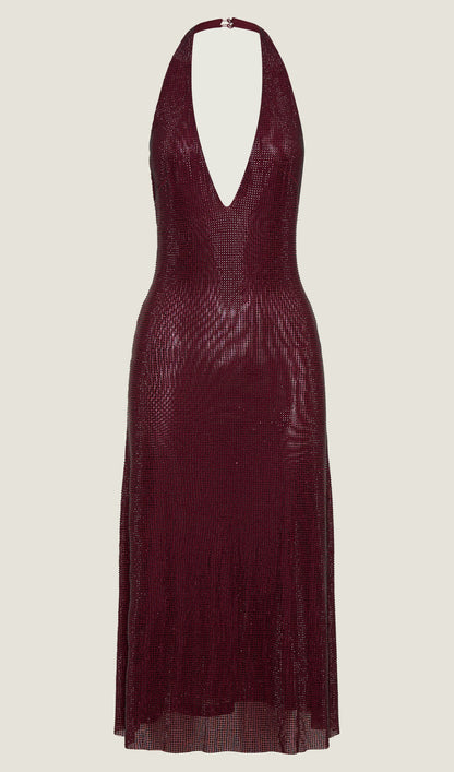 Diamante Halter Midi Dress - Mahogany