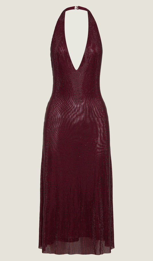 Diamante Halter Midi Dress - Mahogany