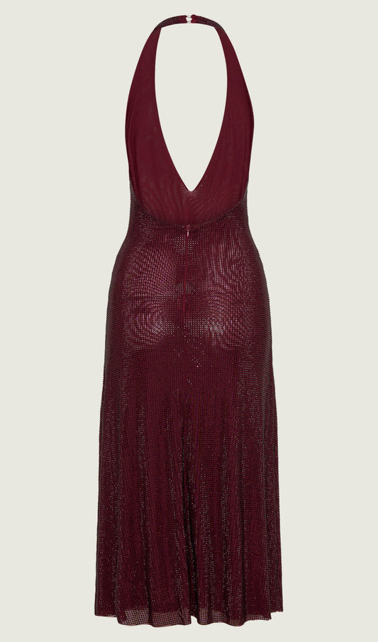 Diamante Halter Midi Dress - Mahogany
