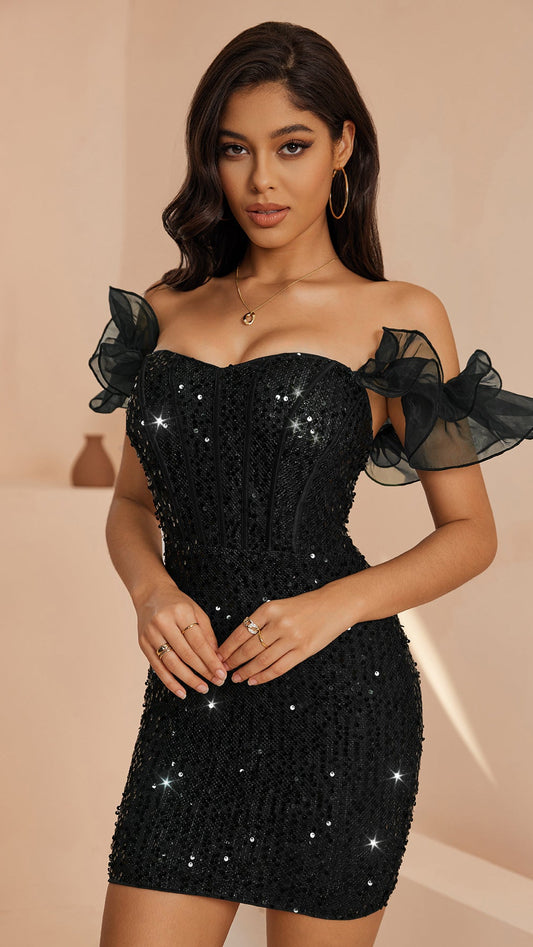 Sequined Off-The-Shoulder Mini Dress-Black