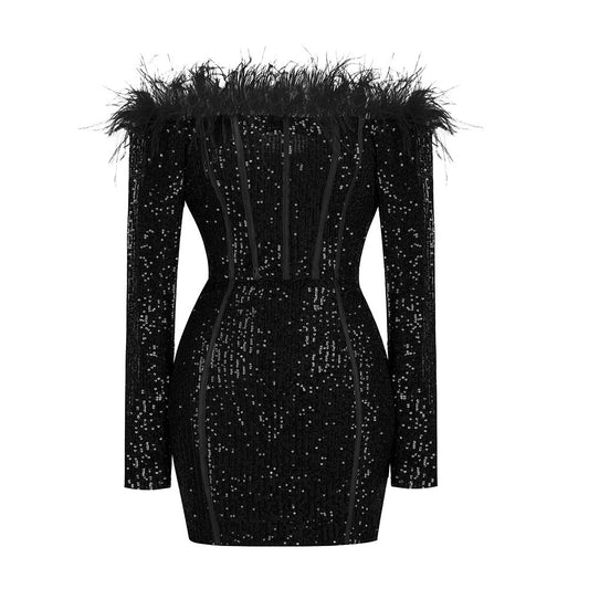 Feather Sequin Long Sleeved Mini Dress-Black