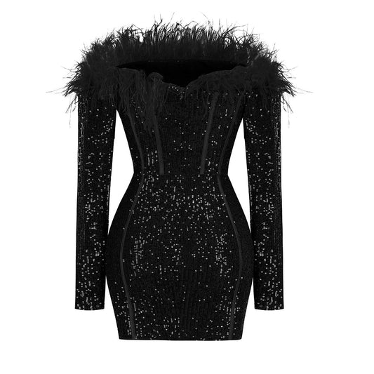 Feather Sequin Long Sleeved Mini Dress-Black