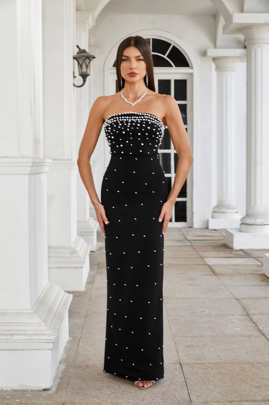 Strapless Sleeveless Beaded Maxi  Dress