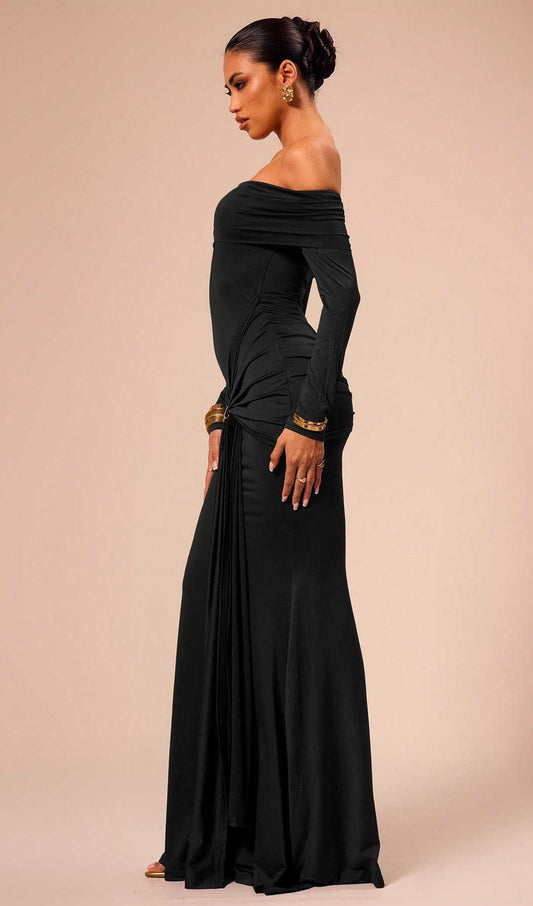 Off Shoulder Ruffle Maxi Dress Black