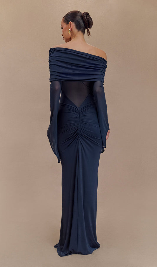 One Shoulder Slinky Ruched Maxi Dress-Black