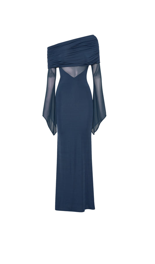 One Shoulder Slinky Ruched Maxi Dress-Black
