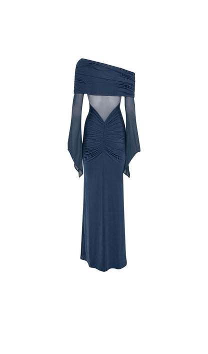 One Shoulder Slinky Ruched Maxi Dress-Black