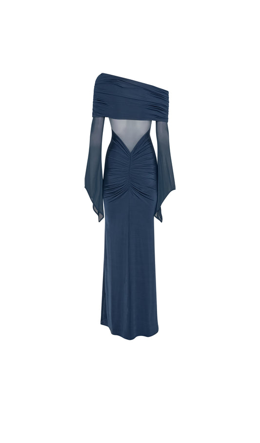 One Shoulder Slinky Ruched Maxi Dress-Black