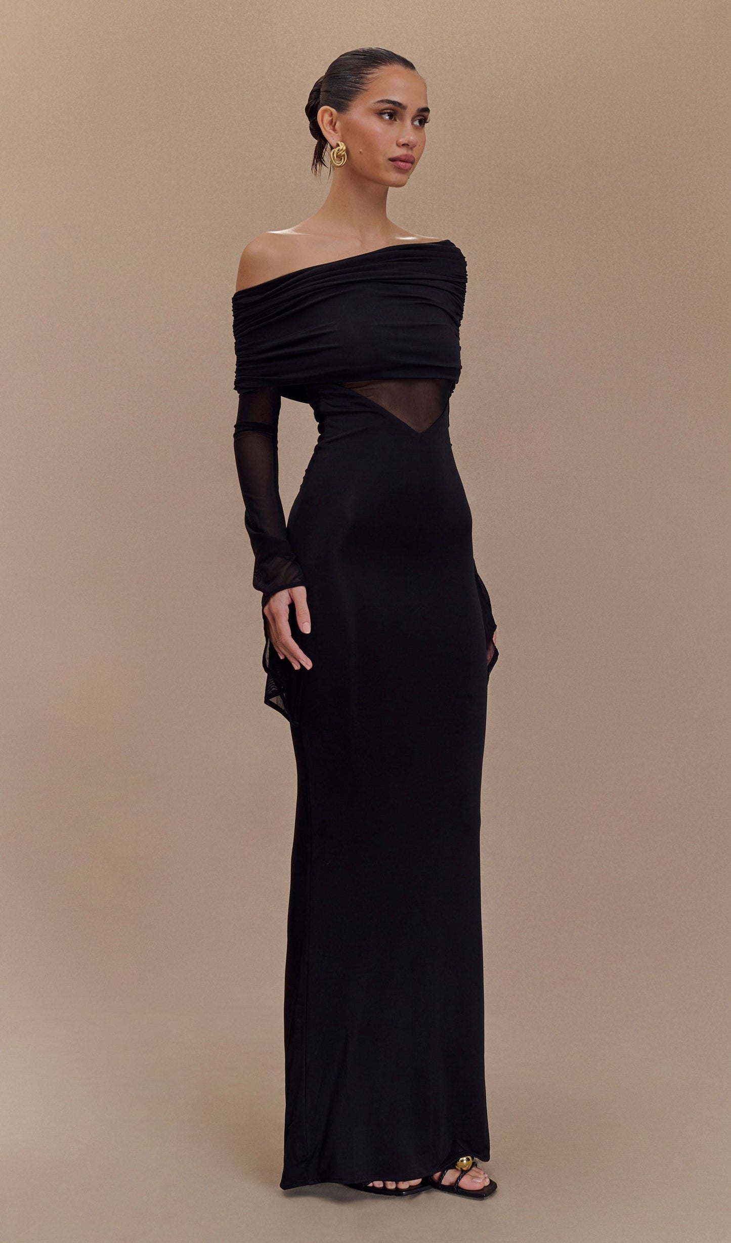 One Shoulder Slinky Ruched Maxi Dress-Black