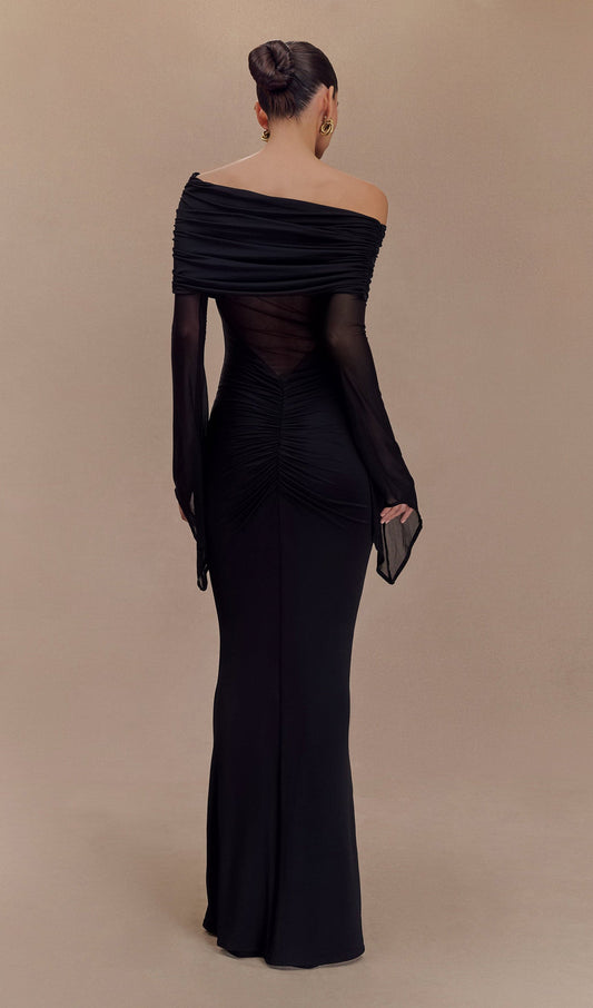 One Shoulder Slinky Ruched Maxi Dress-Black