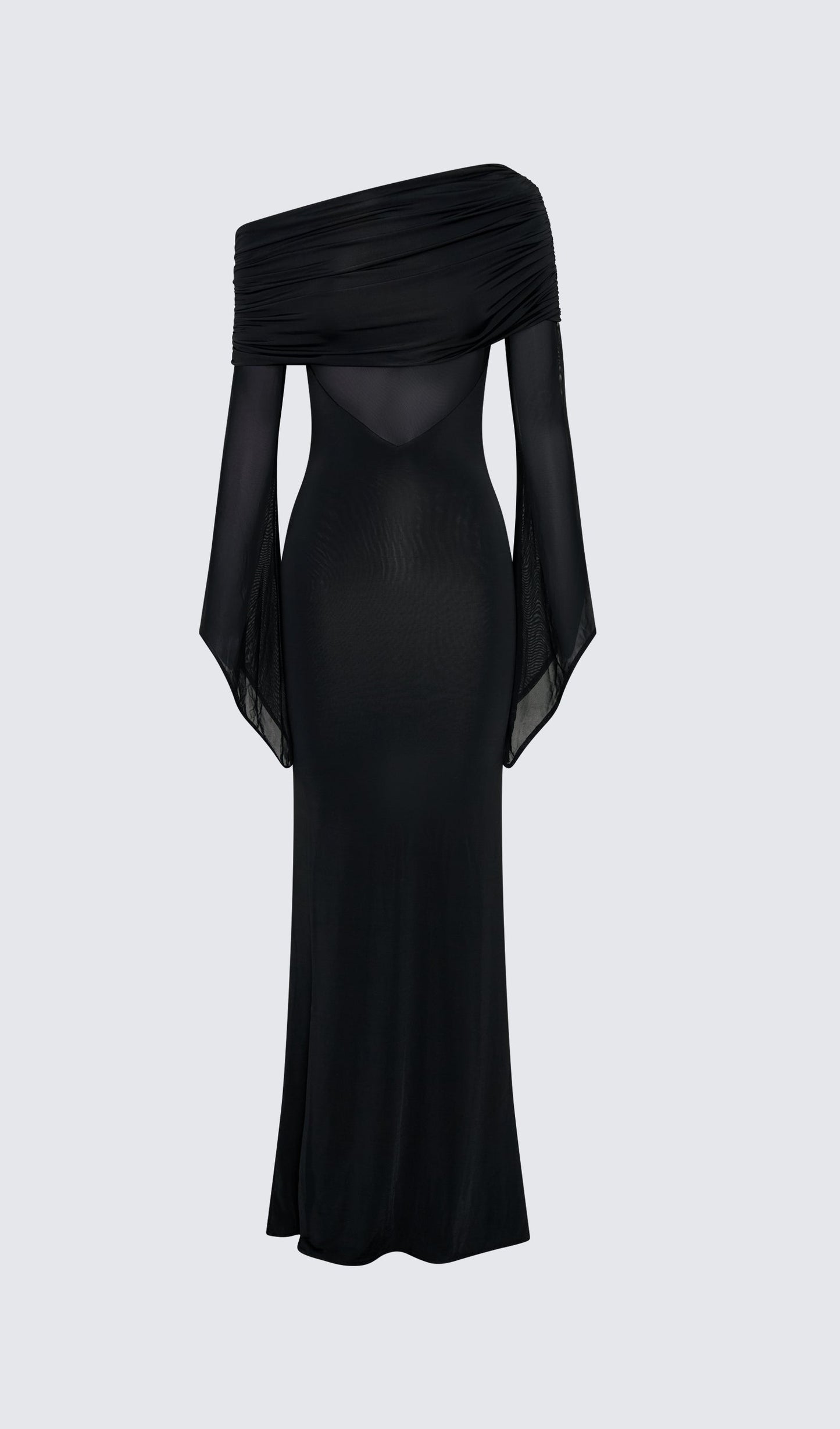 One Shoulder Slinky Ruched Maxi Dress-Black