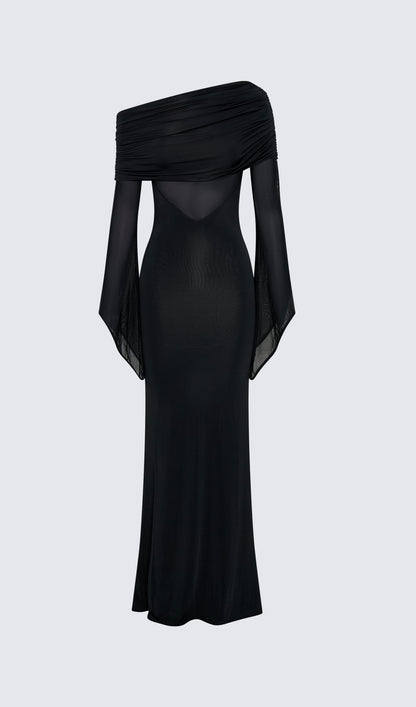 One Shoulder Slinky Ruched Maxi Dress-Black