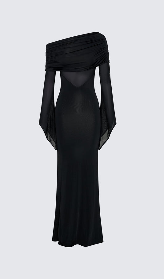 One Shoulder Slinky Ruched Maxi Dress-Black