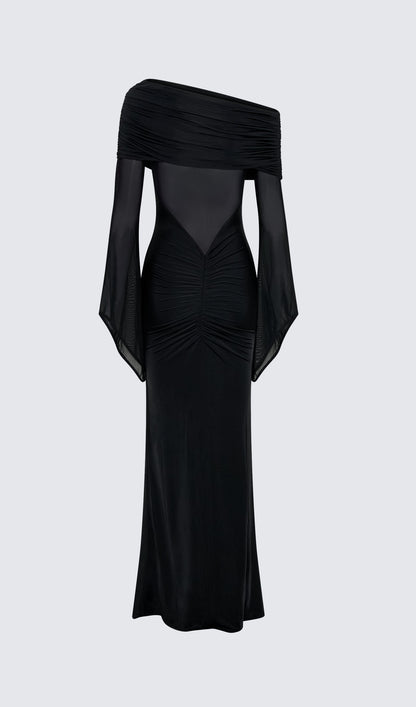 One Shoulder Slinky Ruched Maxi Dress-Black