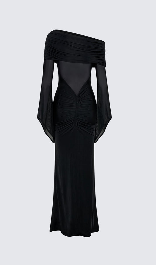One Shoulder Slinky Ruched Maxi Dress-Black