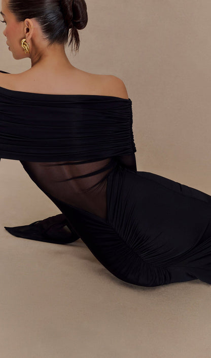 One Shoulder Slinky Ruched Maxi Dress-Black
