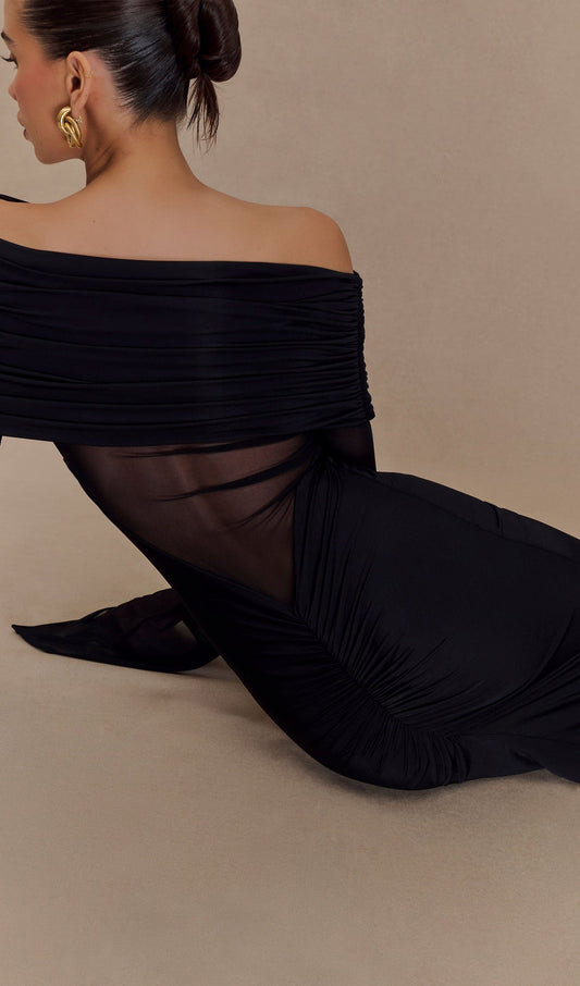 One Shoulder Slinky Ruched Maxi Dress-Black