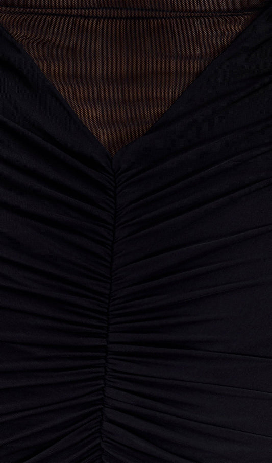 One Shoulder Slinky Ruched Maxi Dress-Black