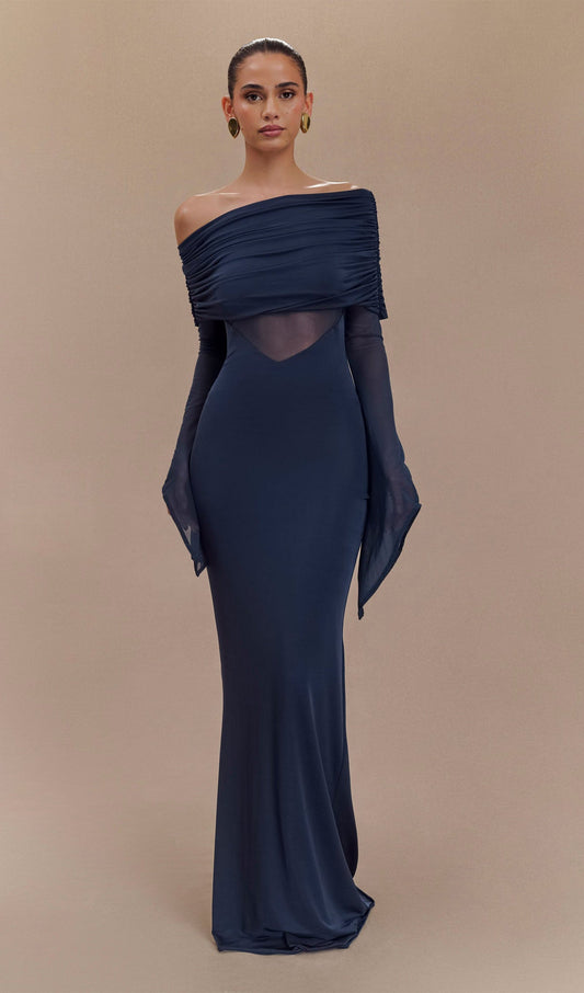One Shoulder Slinky Ruched Maxi Dress-Black