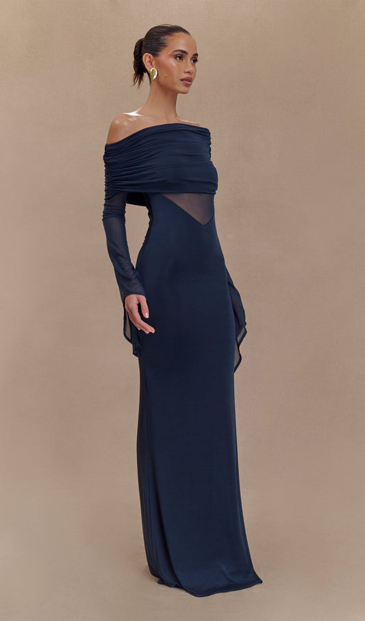 One Shoulder Slinky Ruched Maxi Dress-Black