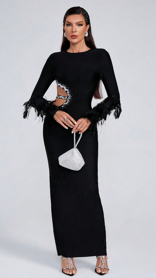 Feather Fringed Long-sleeved Dress
