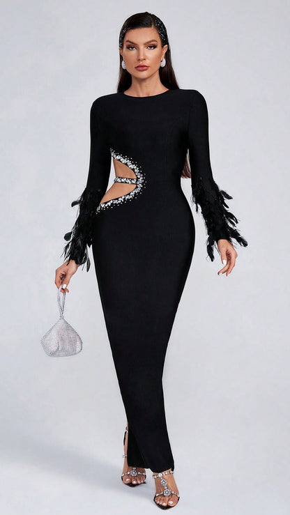 Feather Fringed Long-sleeved Dress