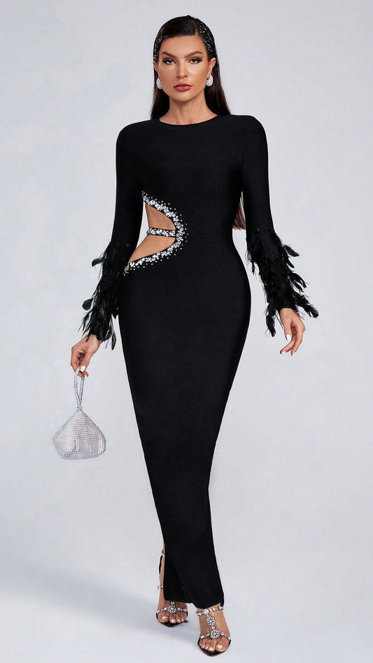 Feather Fringed Long-sleeved Dress