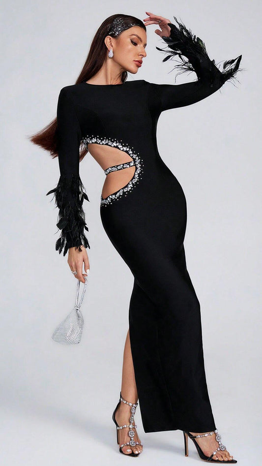 Feather Fringed Long-sleeved Dress