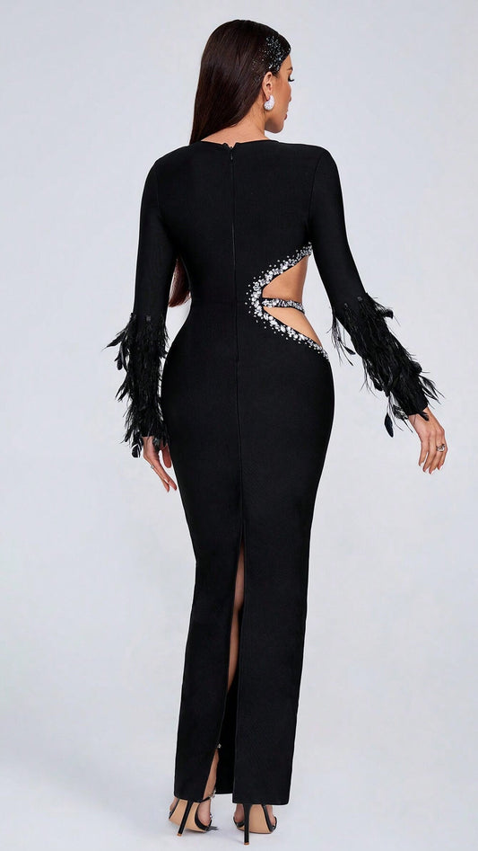 Feather Fringed Long-sleeved Dress