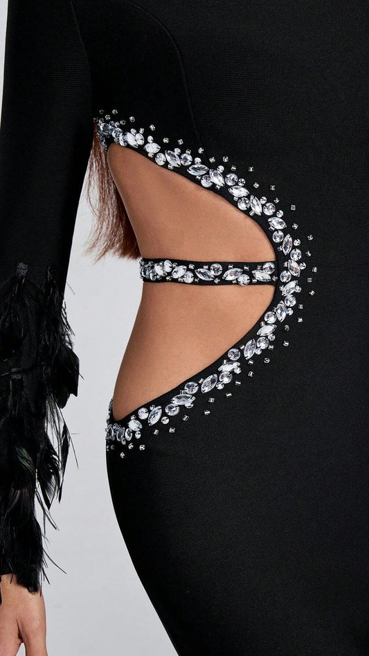 Feather Fringed Long-sleeved Dress