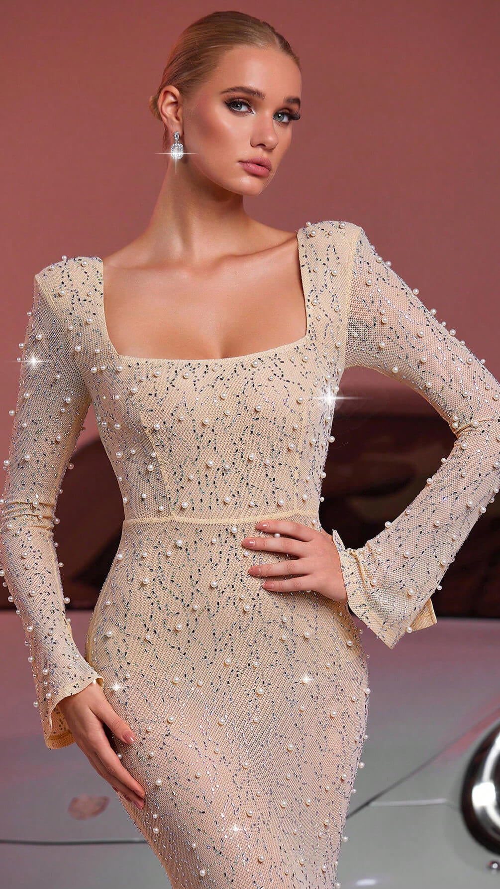 Heated Diamond-Studded Fish Tail Evening Dress